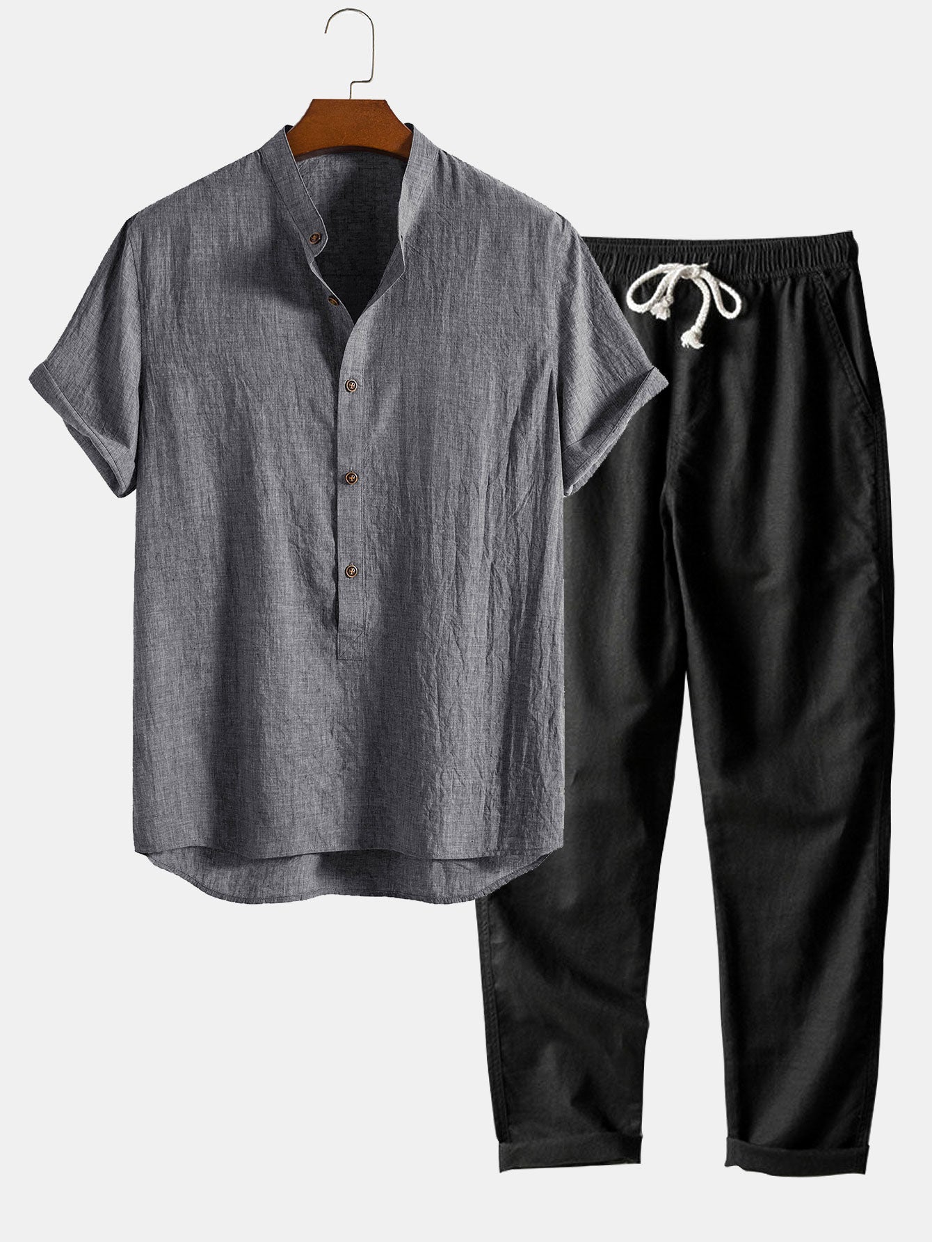 Herren Leinenhemd und Leinenhose Set Sommer Zweiteiler Freizeitanzug atmungsaktiv