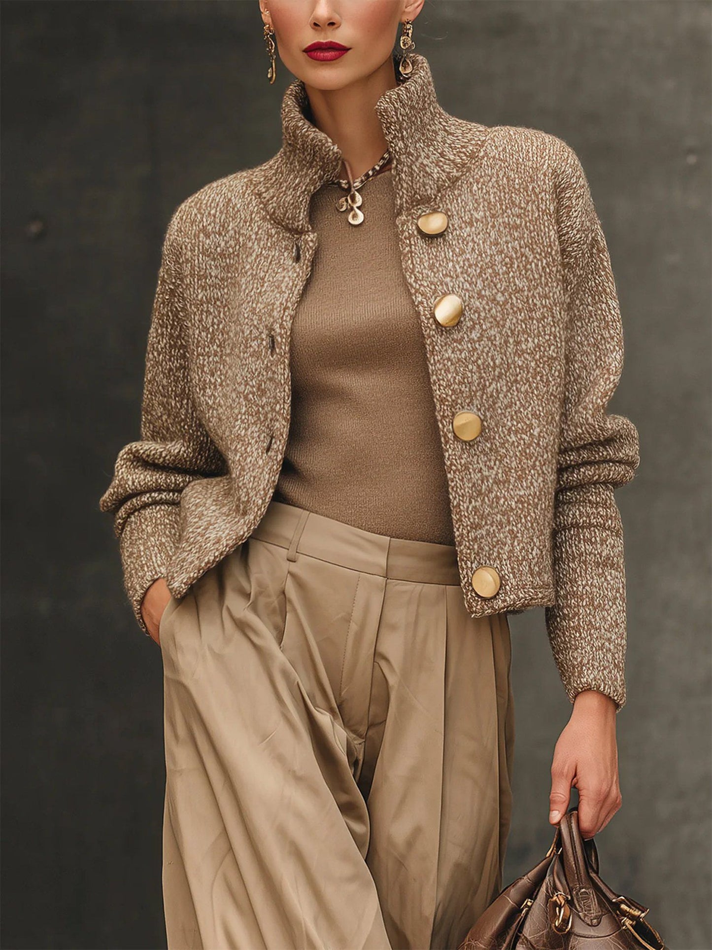 Damenpullover hoher Kragen Knopfverschluss strukturierte, elegante, bequeme Passform