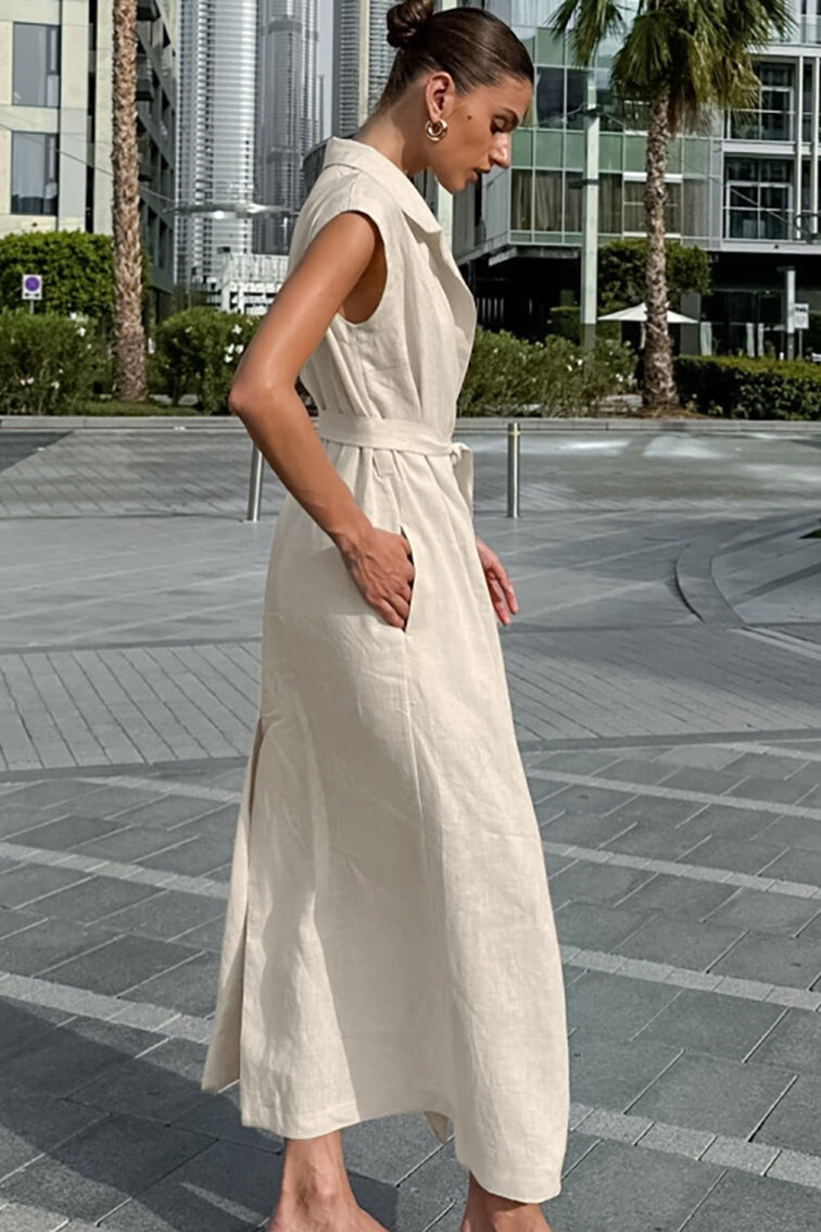 Damen Maxikleid Baumwolle Leinen ärmellos einfarbig Reverskragen Gürtel A-Linie Seitenschlitz