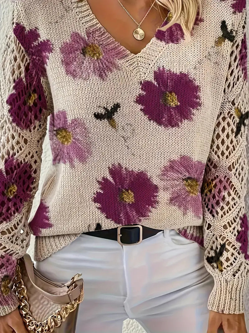 Damen Strickjacke Blumenmuster V-Ausschnitt Regular Fit Leicht Mittelschwer Häkeloptik Freizeit