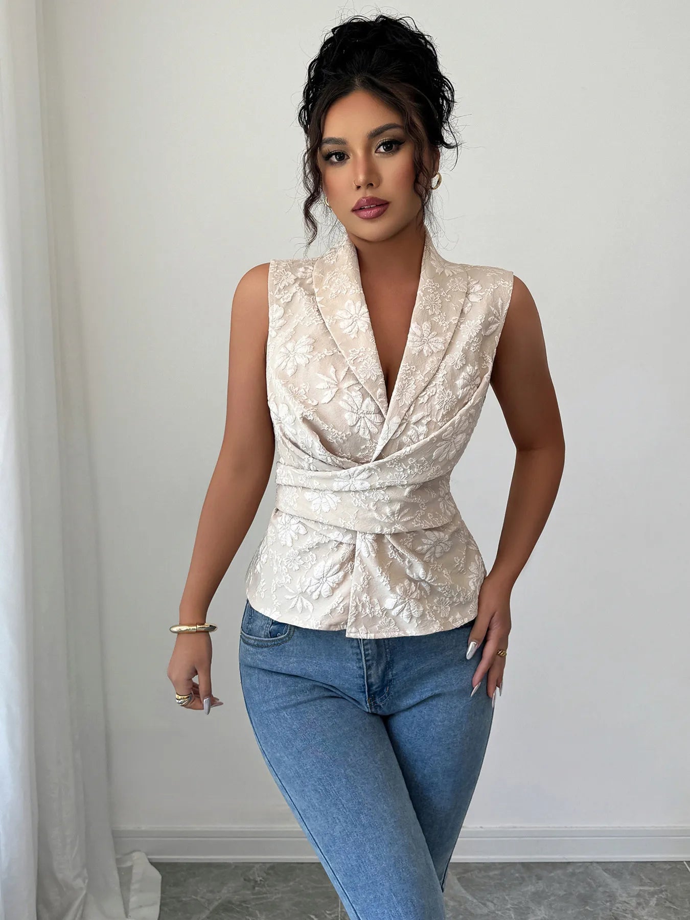 Damen Top ärmellos Polyester Blumenmuster Rüschen leicht fließend Sommer