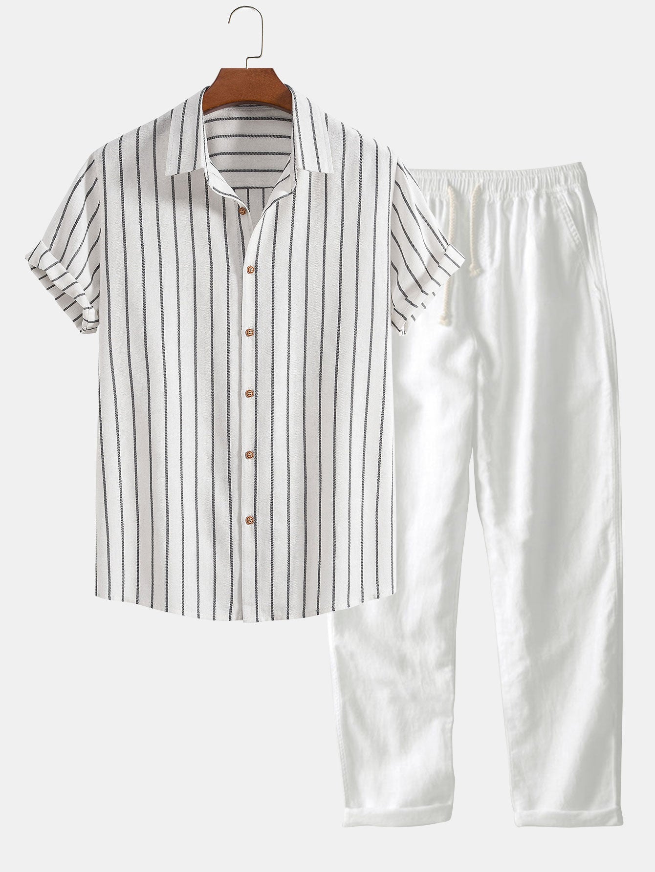 Herren Leinenhemd und Leinenhose Set Sommer Zweiteiler Freizeitanzug atmungsaktiv