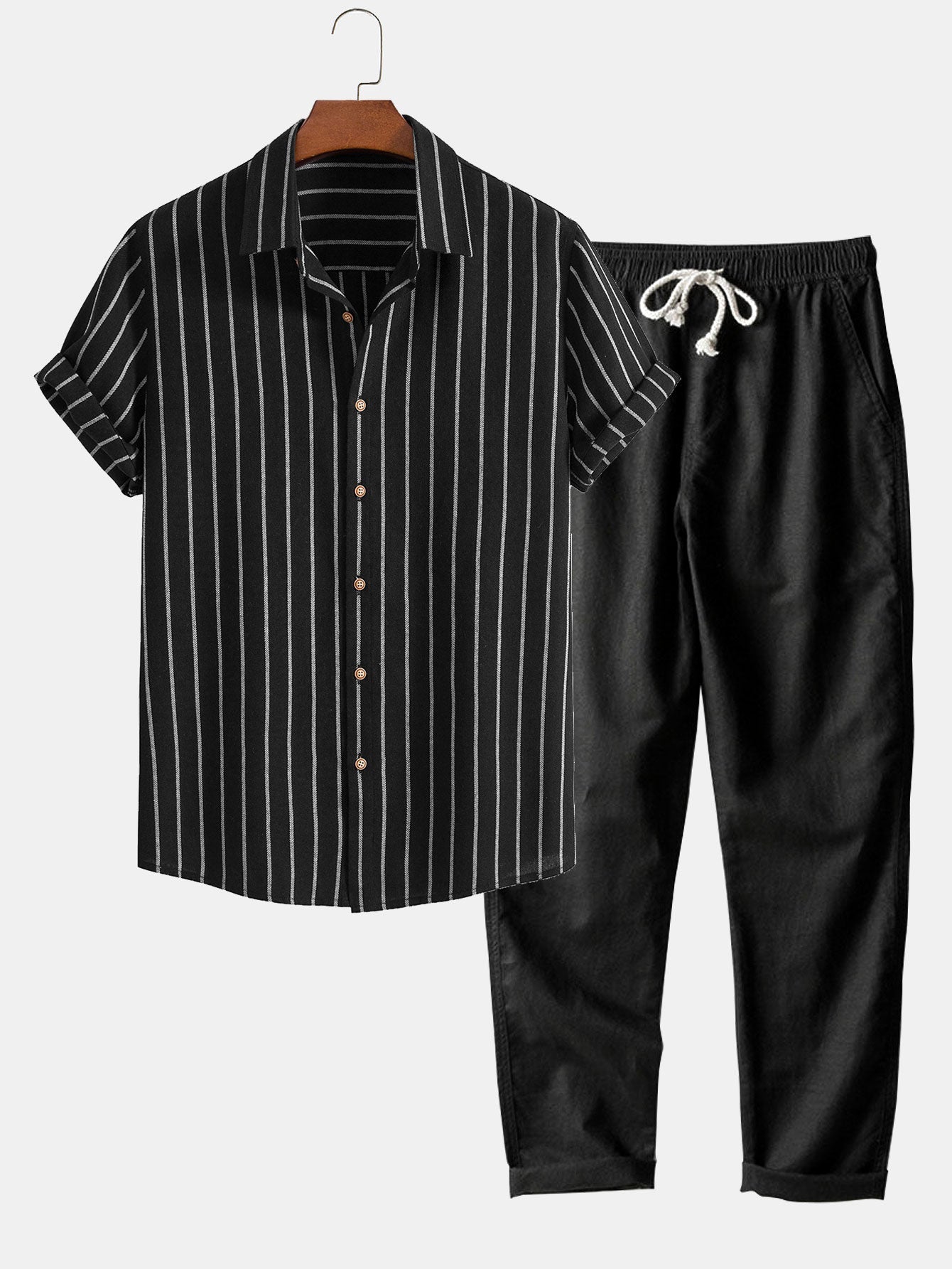 Herren Leinenhemd und Leinenhose Set Sommer Zweiteiler Freizeitanzug atmungsaktiv
