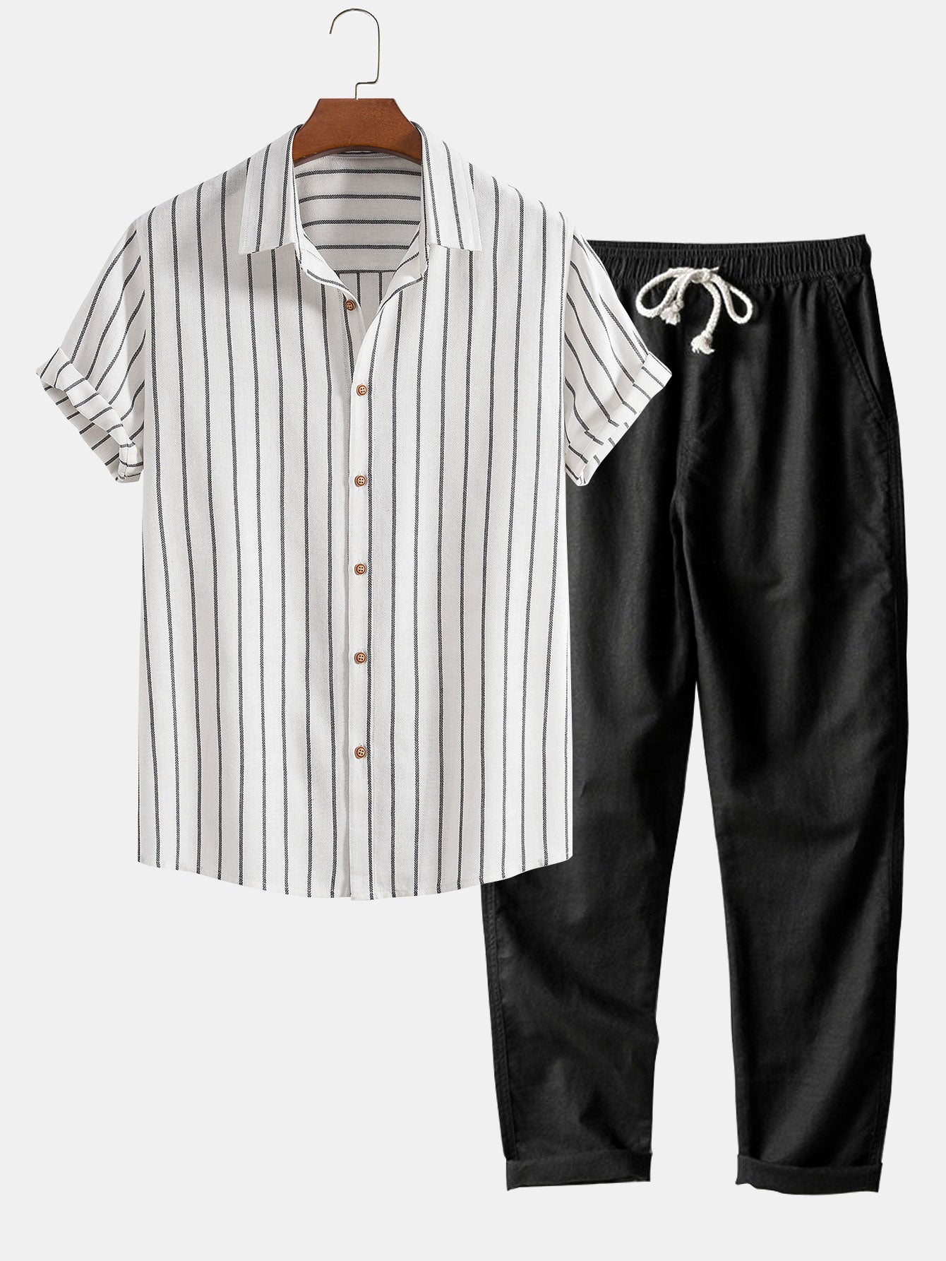 Herren Leinenhemd und Leinenhose Set Sommer Zweiteiler Freizeitanzug atmungsaktiv
