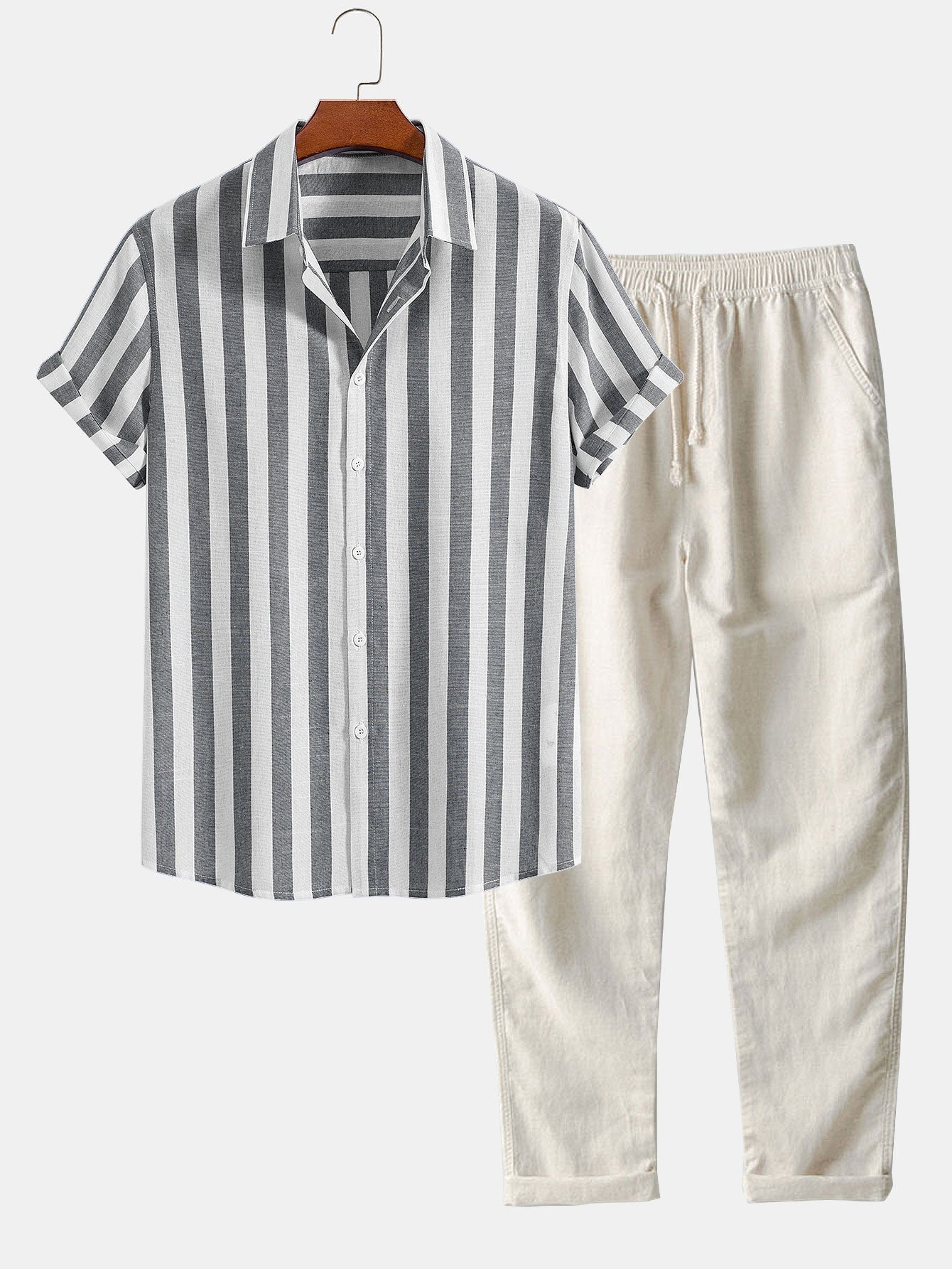 Herren Leinenhemd und Leinenhose Set Sommer Zweiteiler Freizeitanzug atmungsaktiv