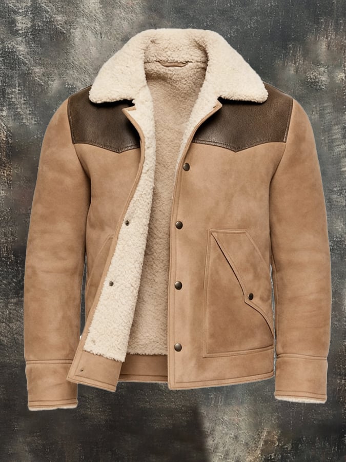 Herren Lederjacke Wildlederoptik Lammfellfutter langarm einfarbig Freizeit Vintage Regular Fit