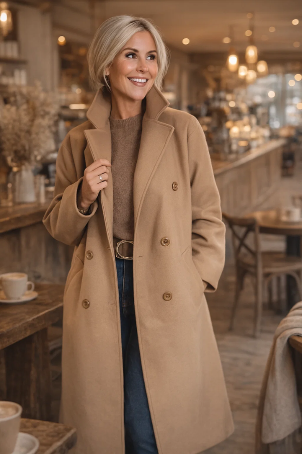 Damen Mantel Lang Doppelreiher Oversized Gefüttert Elegant Casual One Size
