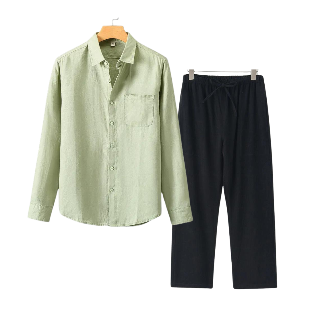 Herren Leinenhemd und Leinenhose Set Sommer Zweiteiler Freizeitanzug aus Leinen