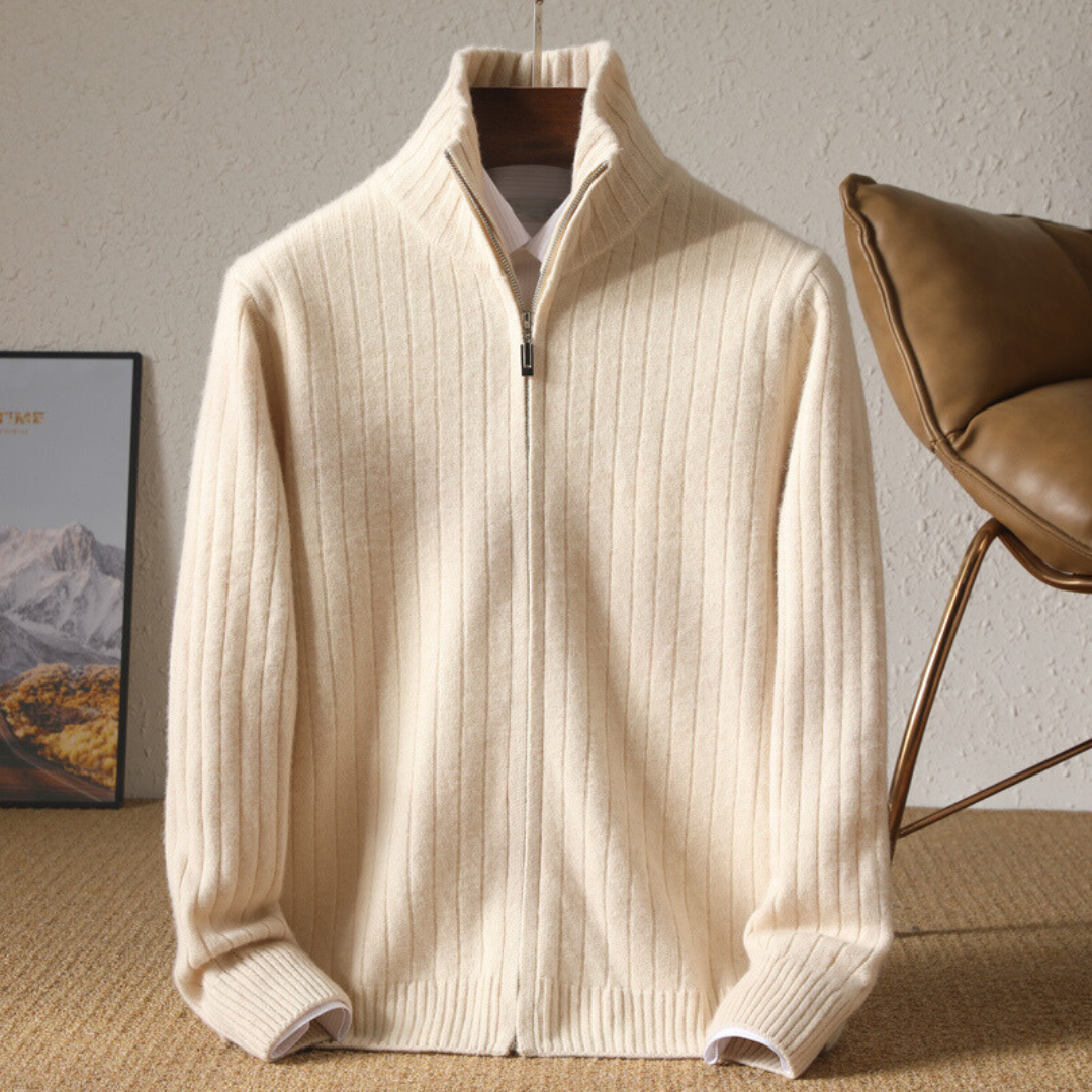 Herren Strickjacke Regular Fit Reißverschluss Wolle Rippstruktur Atmungsaktiv Modern Alltag Elegant