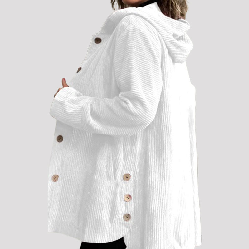 Damen Kordjacke einfarbig Kapuze Langarm Regular Fit Herbst Winter Freizeit Vintage Jacke