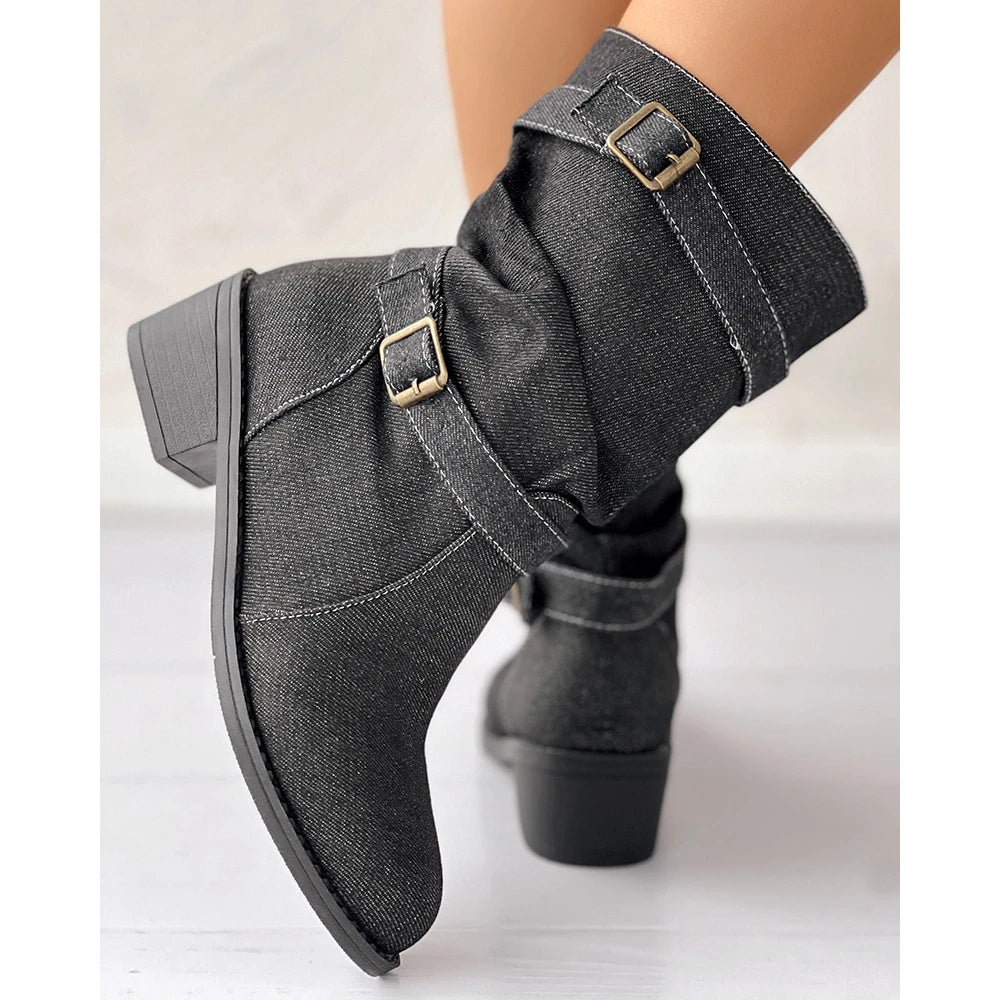 Damen Denim Schnalle Blockabsatz Mandel Stiefeletten geformt bequem