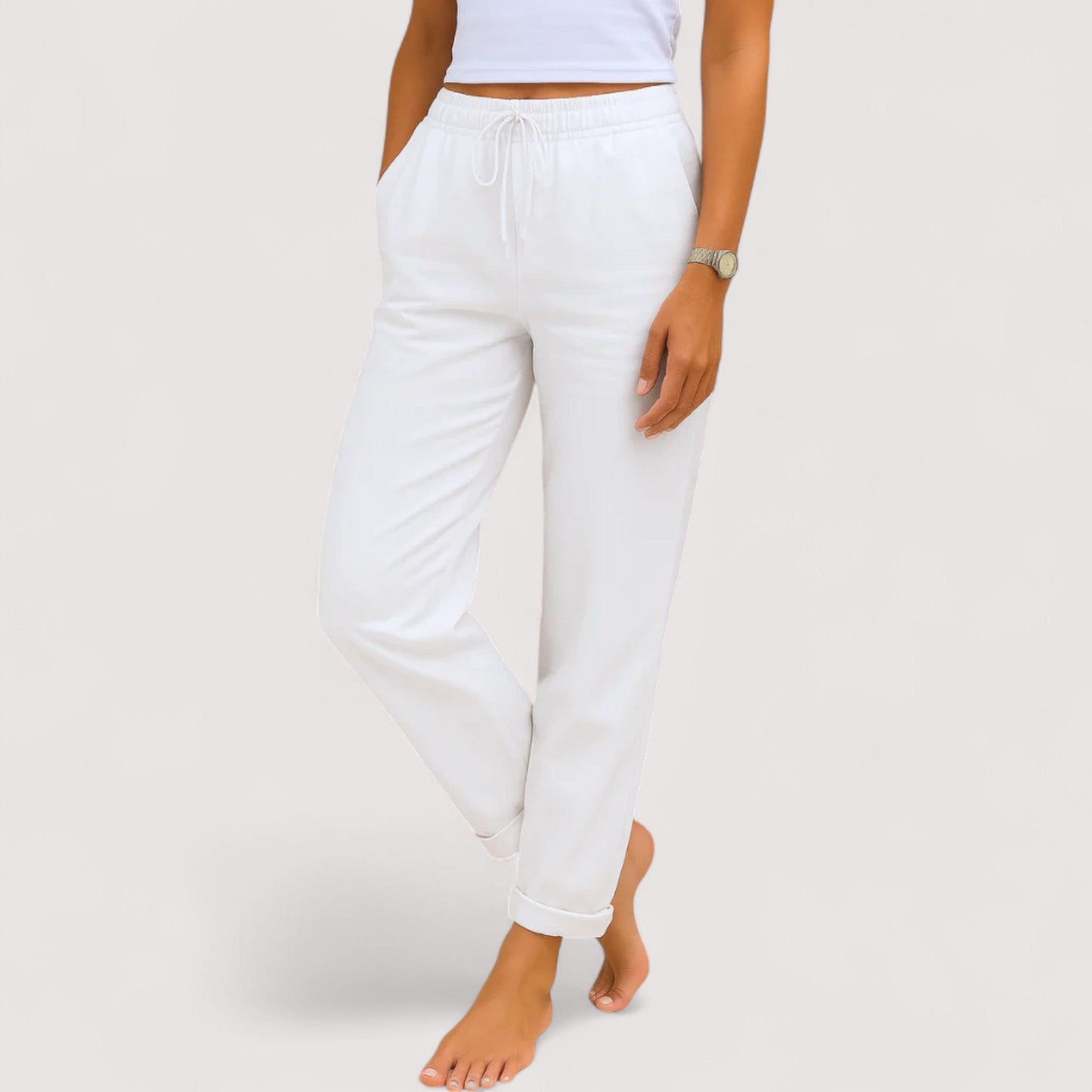 Damen Hose Regular Fit Weit Bein Leinen Baumwollmix Casual Elegant Alltag Leicht Komfort