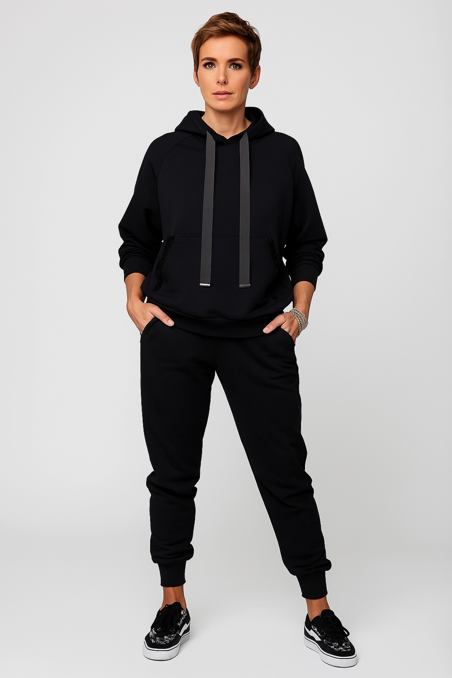 Damen Zweiteiler Regular Fit Kapuzenoberteil mit Kordelzug Hose Langarm Casual Trainingsset 2-teilig