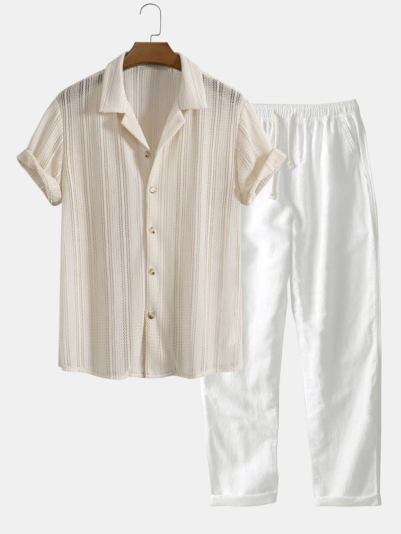 Herren Leinenhemd und Leinenhose Set Sommer Zweiteiler Freizeitanzug atmungsaktiv