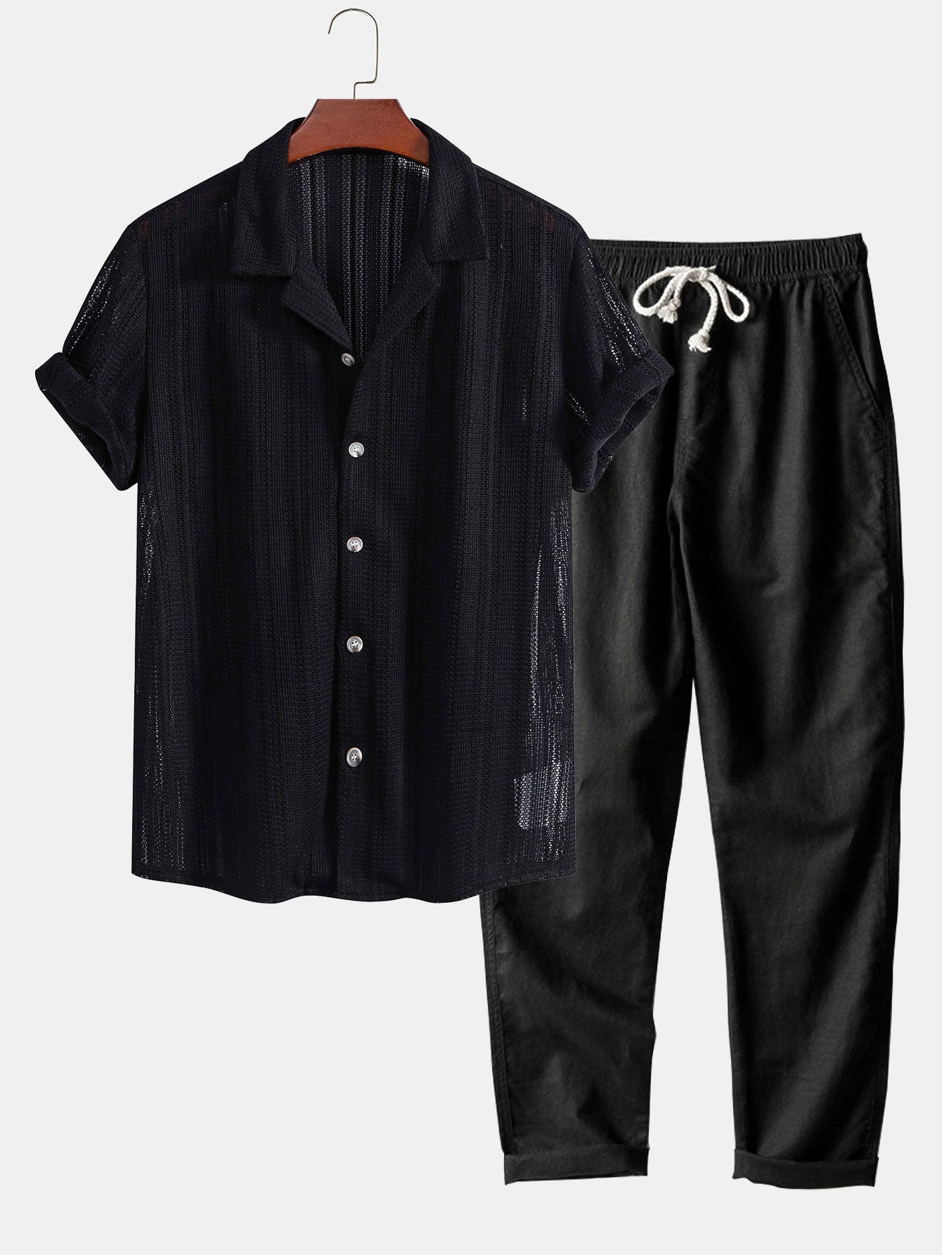 Herren Leinenhemd und Leinenhose Set Sommer Zweiteiler Freizeitanzug atmungsaktiv