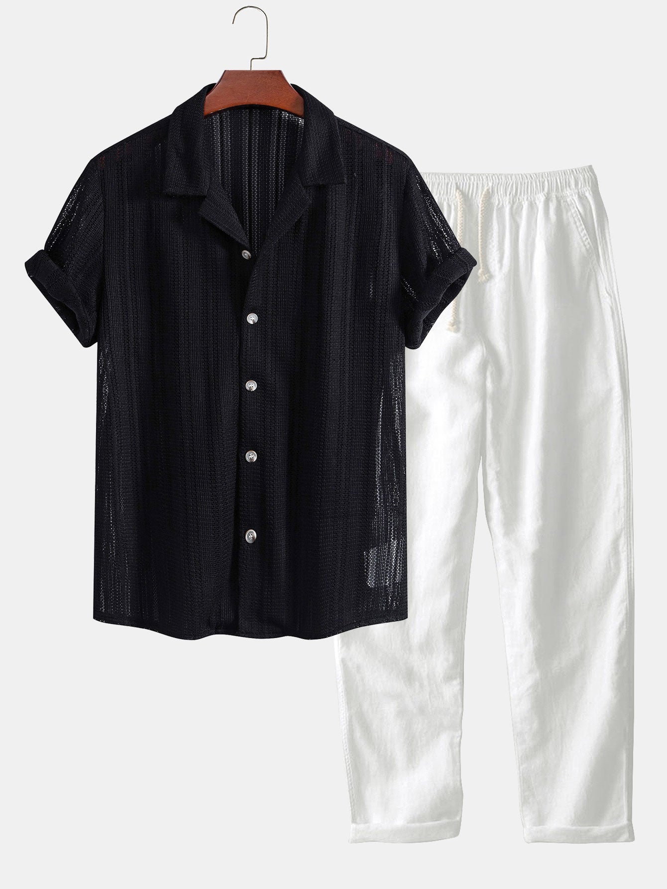 Herren Leinenhemd und Leinenhose Set Sommer Zweiteiler Freizeitanzug atmungsaktiv