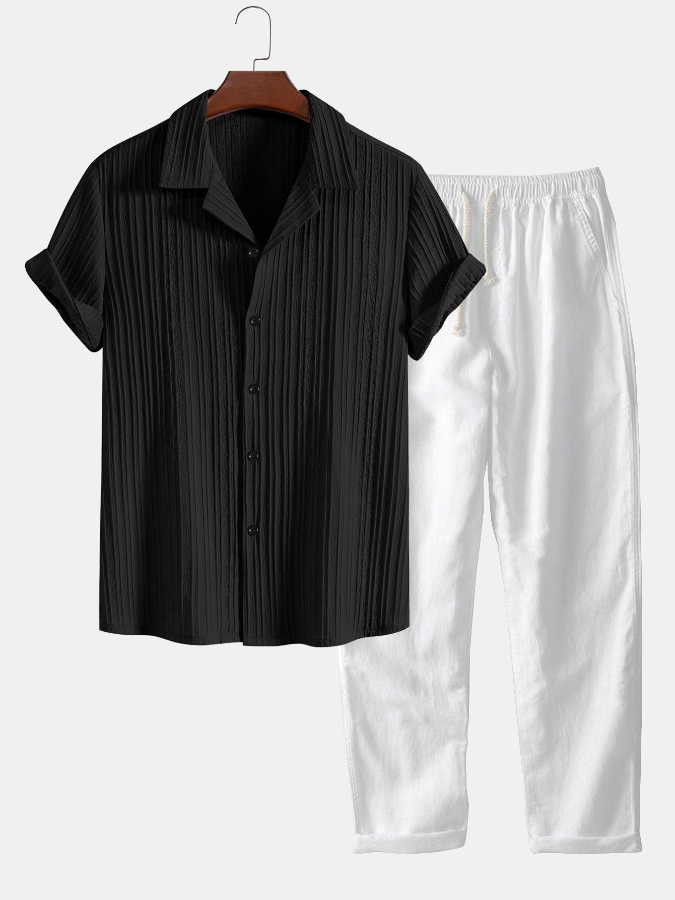 Herren Leinenhemd und Leinenhose Set Sommer Zweiteiler Freizeitanzug atmungsaktiv