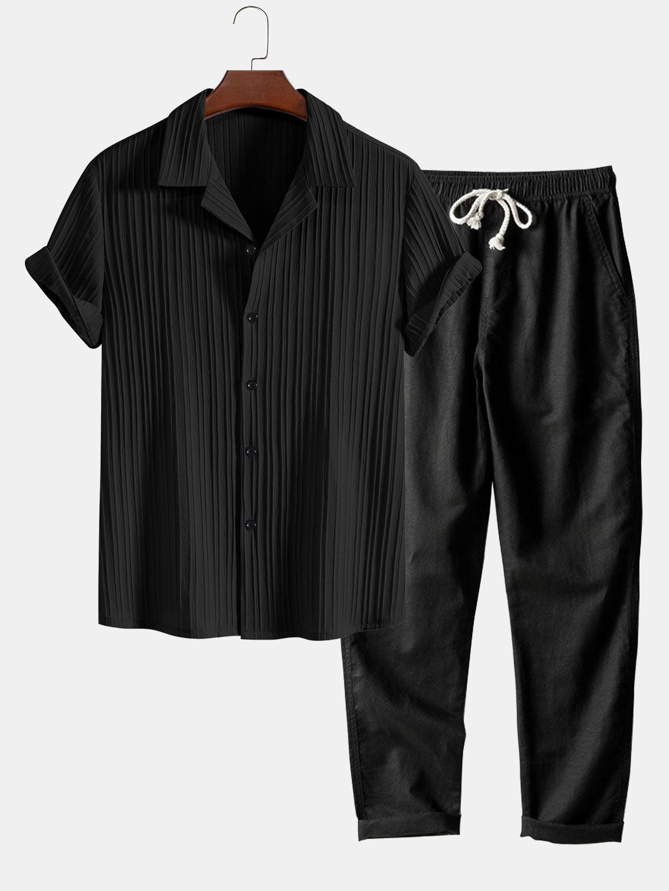 Herren Leinenhemd und Leinenhose Set Sommer Zweiteiler Freizeitanzug atmungsaktiv
