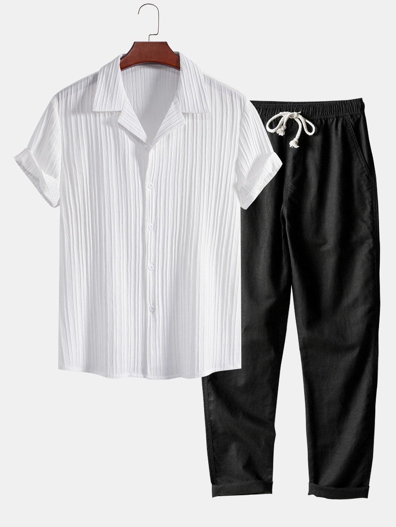 Herren Leinenhemd und Leinenhose Set Sommer Zweiteiler Freizeitanzug atmungsaktiv