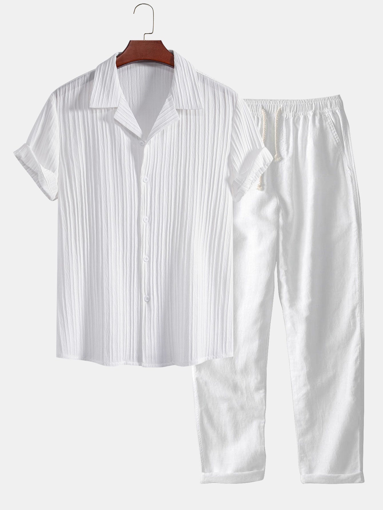 Herren Leinenhemd und Leinenhose Set Sommer Zweiteiler Freizeitanzug atmungsaktiv