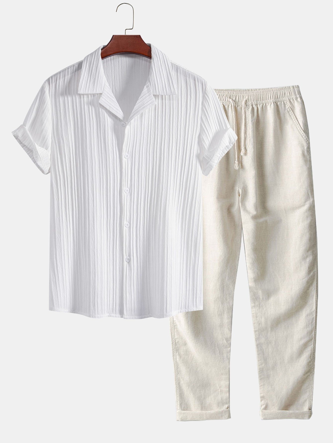 Herren Leinenhemd und Leinenhose Set Sommer Zweiteiler Freizeitanzug atmungsaktiv