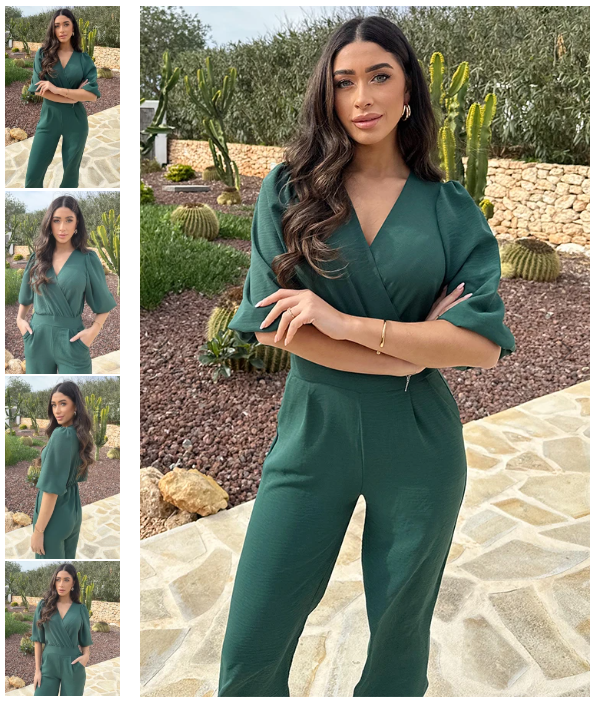 Damen Jumpsuit V-Ausschnitt smaragdgrün, taillierte Passform, 3/4 Ärmel, Tasche