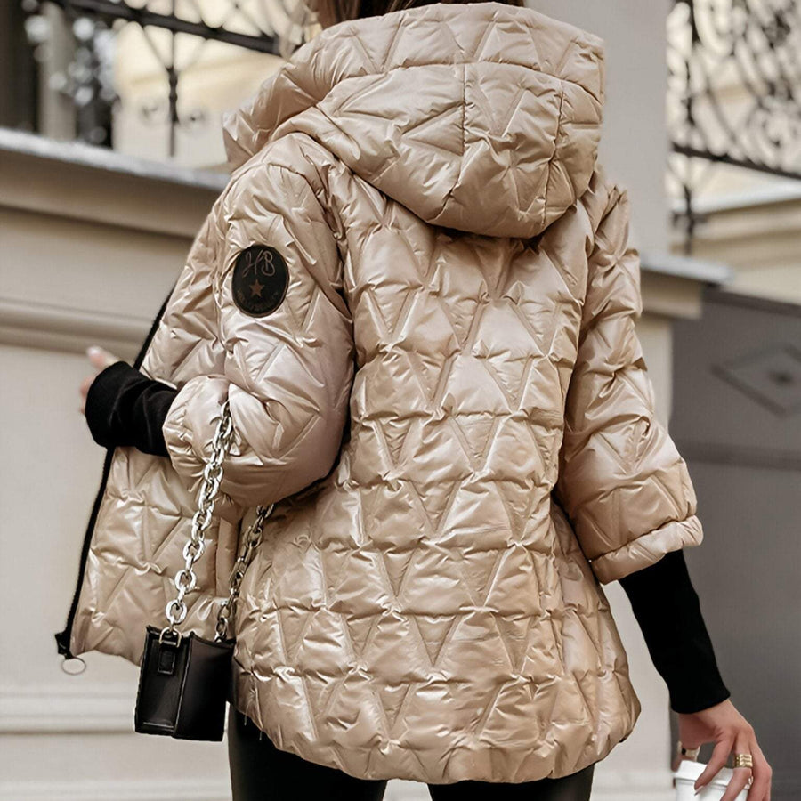 Damen Steppjacke Regular Fit Kapuze Reißverschluss Leicht Warm Wasserabweisend Alltag Freizeit Elegant