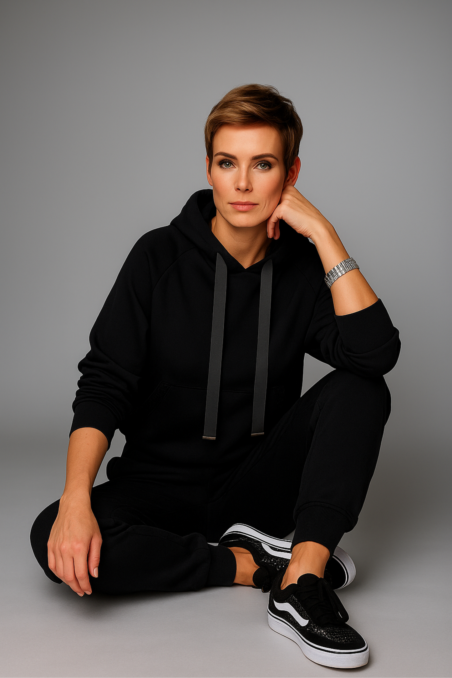 Damen Zweiteiler Regular Fit Kapuzenoberteil mit Kordelzug Hose Langarm Casual Trainingsset 2-teilig