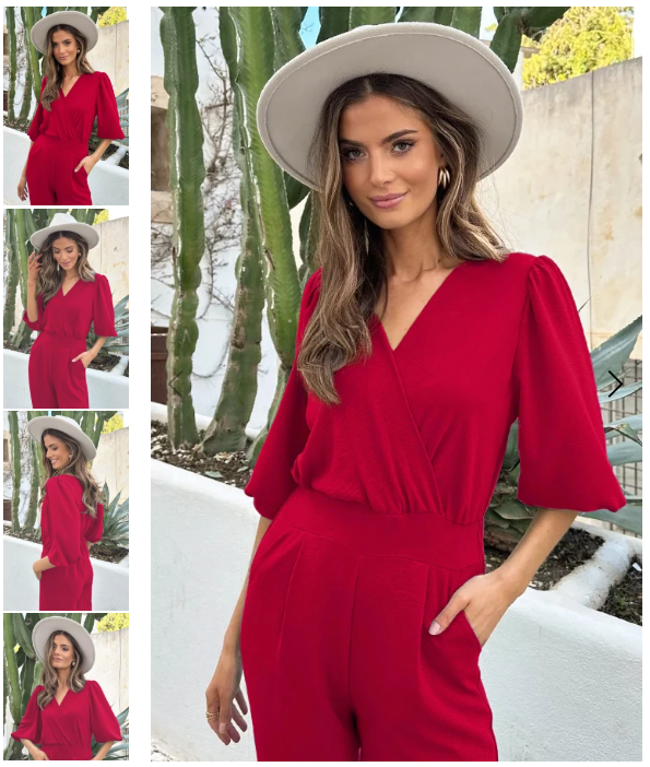Damen Jumpsuit V-Ausschnitt smaragdgrün, taillierte Passform, 3/4 Ärmel, Tasche