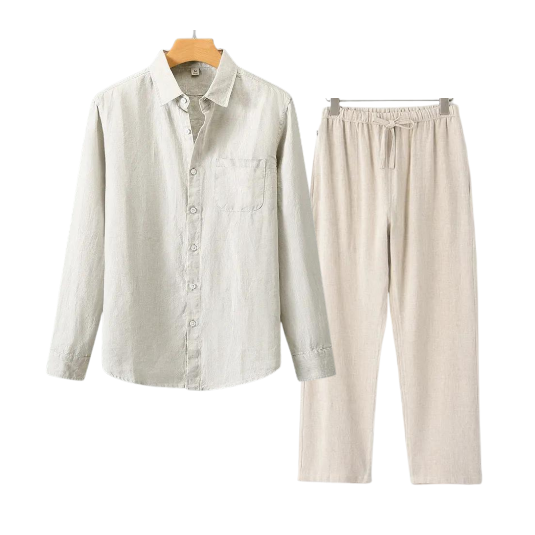 Herren Leinenhemd und Leinenhose Set Sommer Zweiteiler Freizeitanzug aus Leinen