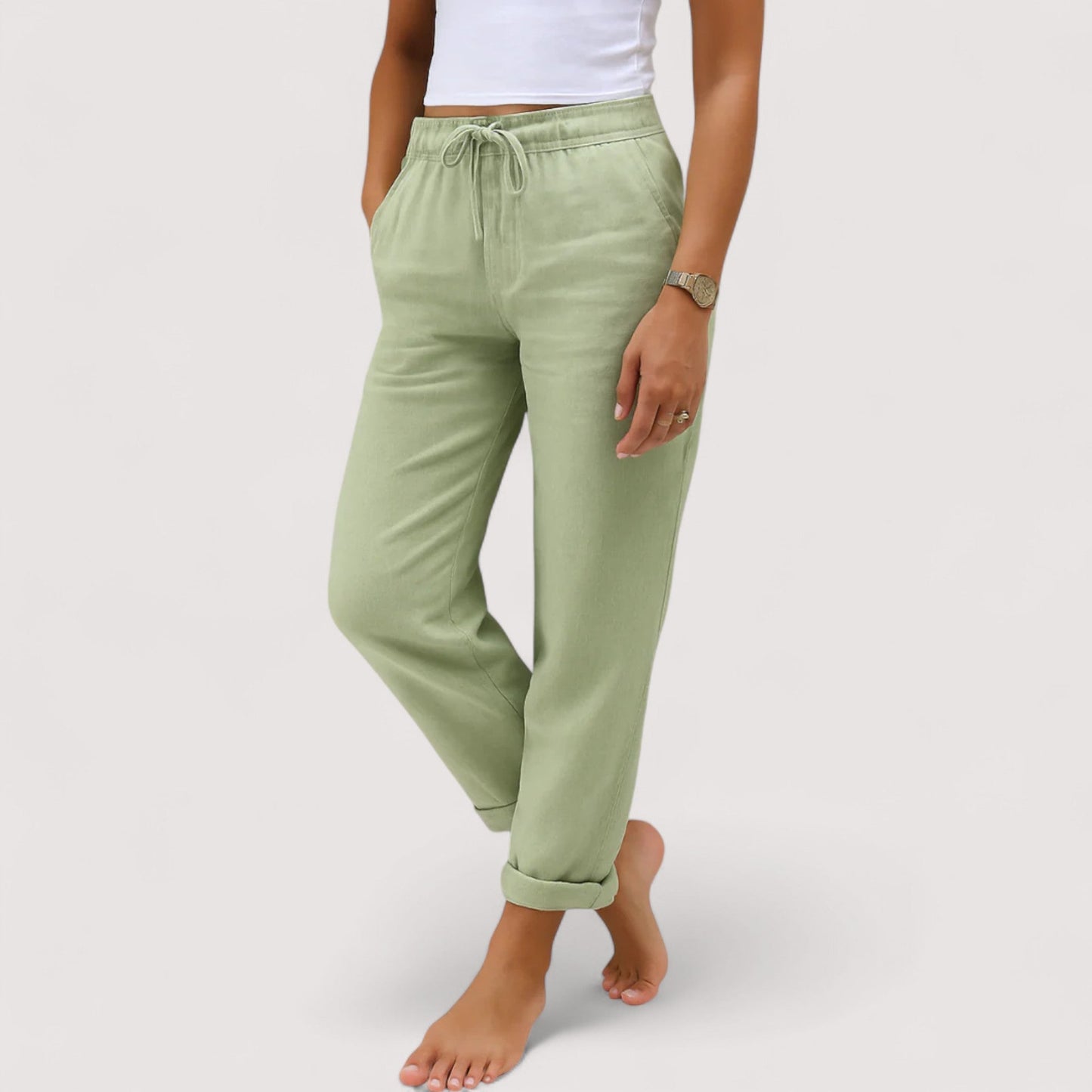 Damen Hose Regular Fit Weit Bein Leinen Baumwollmix Casual Elegant Alltag Leicht Komfort