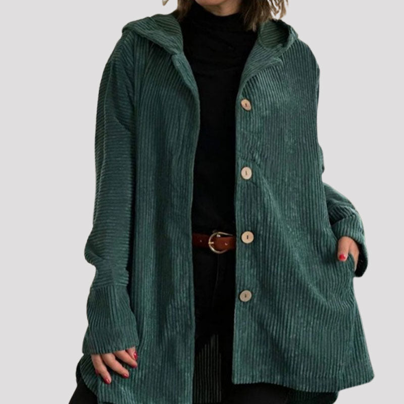Damen Kordjacke einfarbig Kapuze Langarm Regular Fit Herbst Winter Freizeit Vintage Jacke