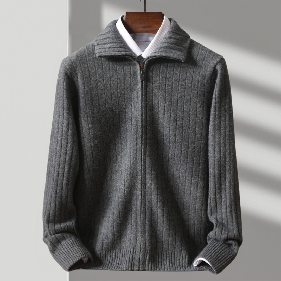 Herren Strickjacke Regular Fit Reißverschluss Wolle Rippstruktur Atmungsaktiv Modern Alltag Elegant