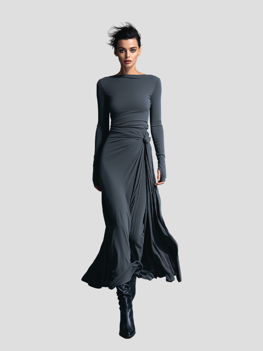 Damen Wickelstresskleid grau elastisches Langarm Figur seitliche Knoten Winterkleid