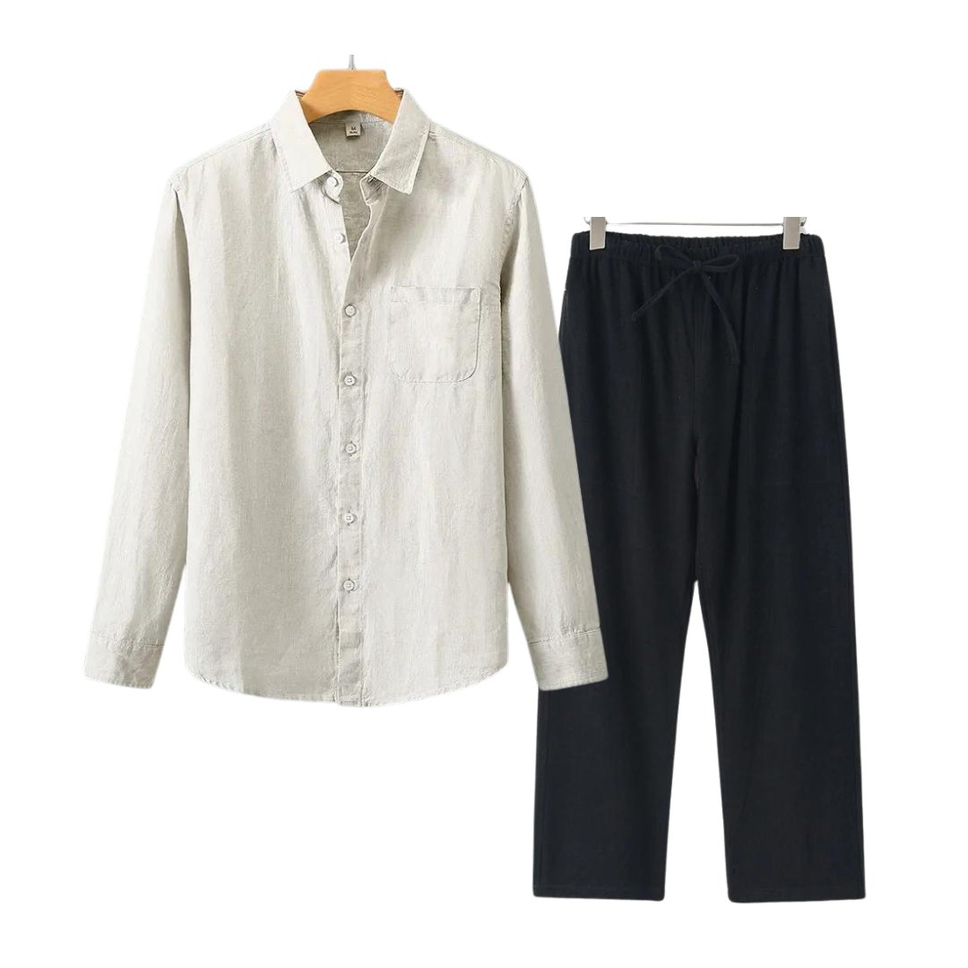Herren Leinenhemd und Leinenhose Set Sommer Zweiteiler Freizeitanzug aus Leinen