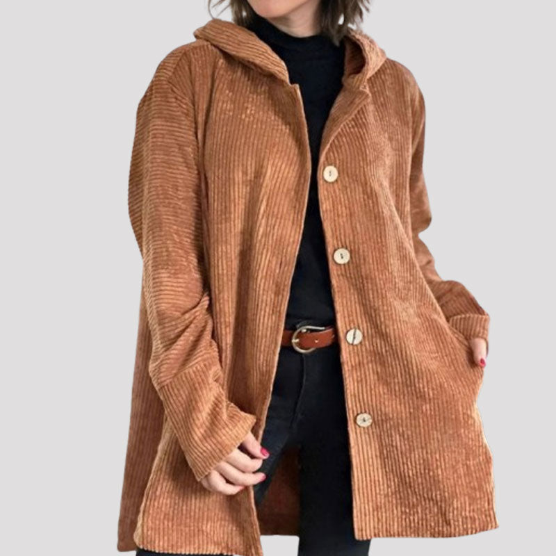 Damen Kordjacke einfarbig Kapuze Langarm Regular Fit Herbst Winter Freizeit Vintage Jacke