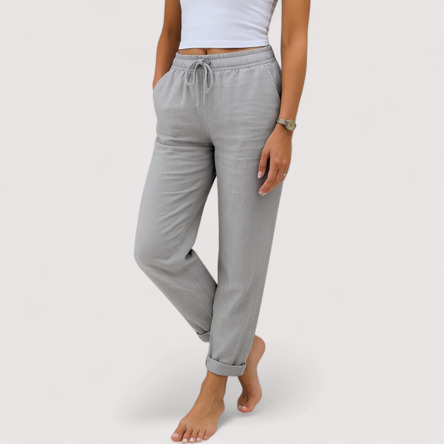 Damen Hose Regular Fit Weit Bein Leinen Baumwollmix Casual Elegant Alltag Leicht Komfort