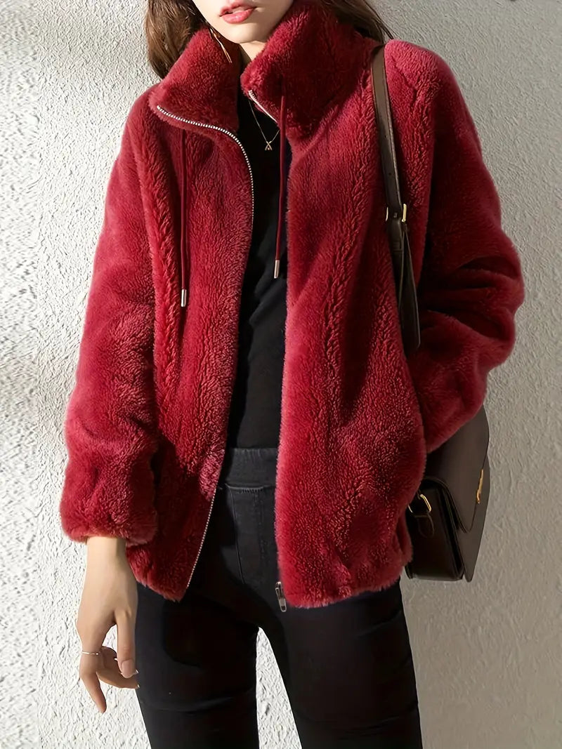 Damen Fleecejacke Warm Stehkragen Kordelzug Regular Fit Weich Freizeit Übergang