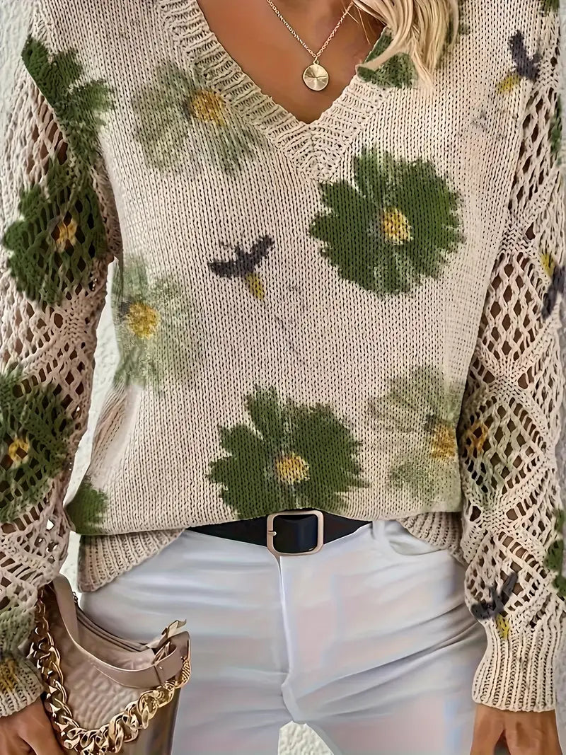 Damen Strickjacke Blumenmuster V-Ausschnitt Regular Fit Leicht Mittelschwer Häkeloptik Freizeit