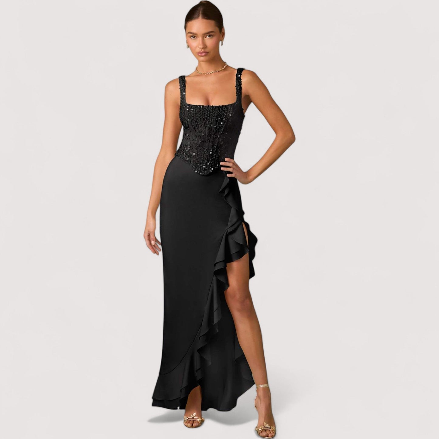 Damen Kleid quadratischer Ausschnitt Rüschen asymmetrischer Saum figurbetont elegant