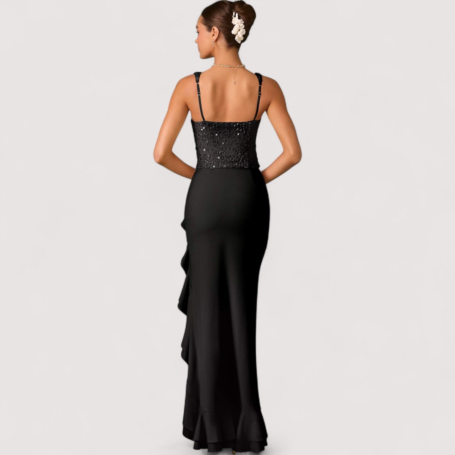 Damen Kleid quadratischer Ausschnitt Rüschen asymmetrischer Saum figurbetont elegant