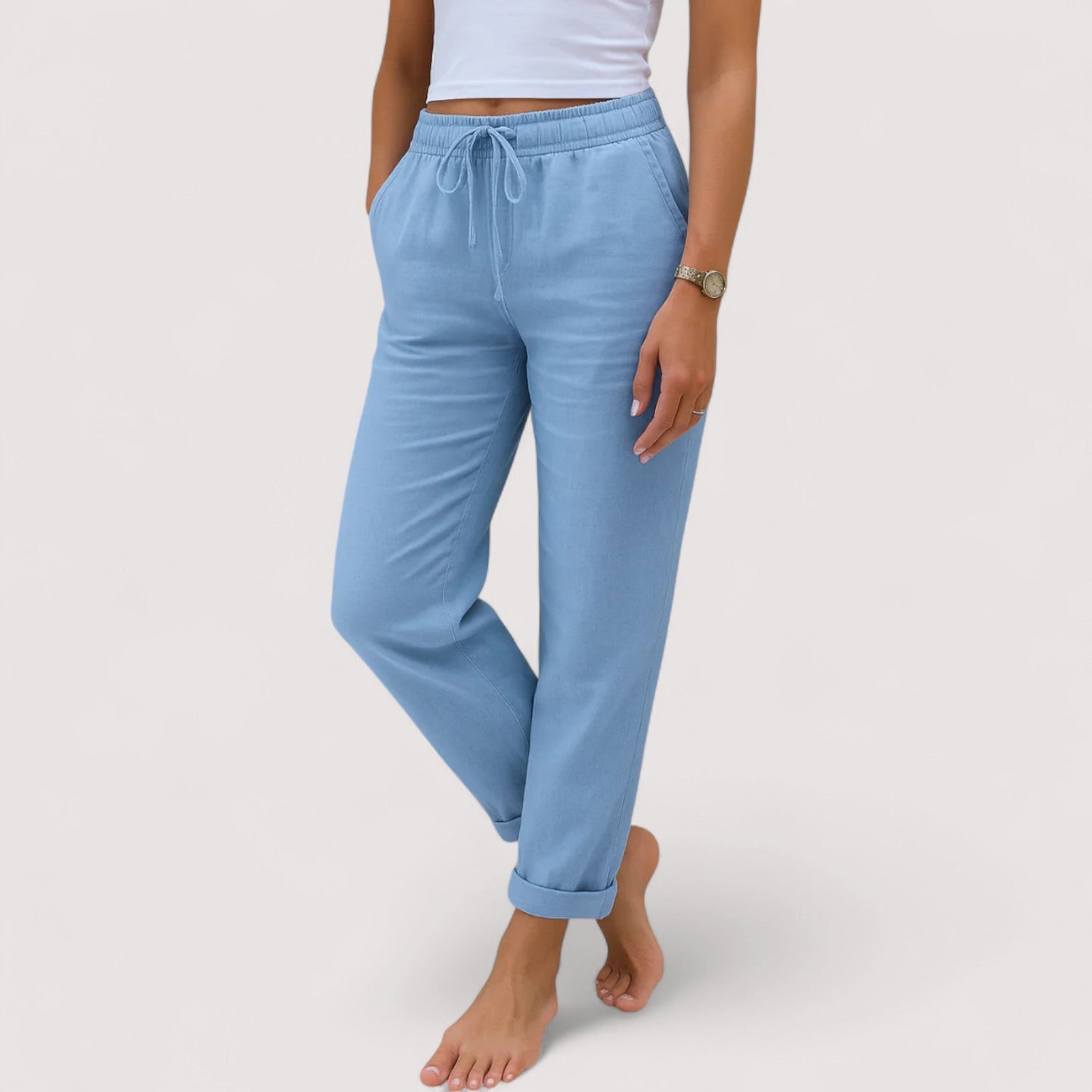Damen Hose Regular Fit Weit Bein Leinen Baumwollmix Casual Elegant Alltag Leicht Komfort