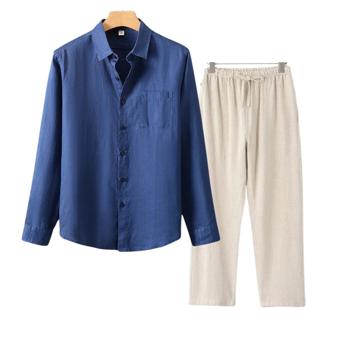 Herren Leinenhemd und Leinenhose Set Sommer Zweiteiler Freizeitanzug aus Leinen