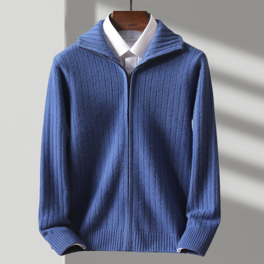 Herren Strickjacke Regular Fit Reißverschluss Wolle Rippstruktur Atmungsaktiv Modern Alltag Elegant