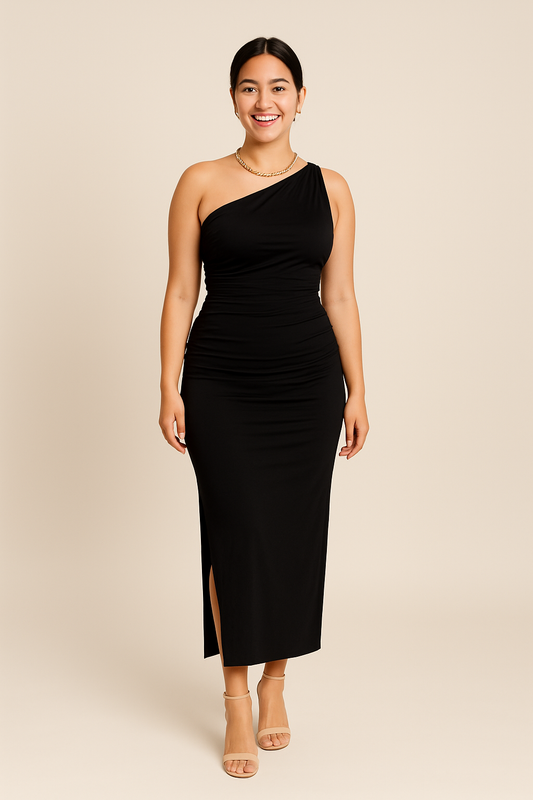 WILHELM | Damen Atmungsaktives One-Shoulder Maxikleid mit Schlitz