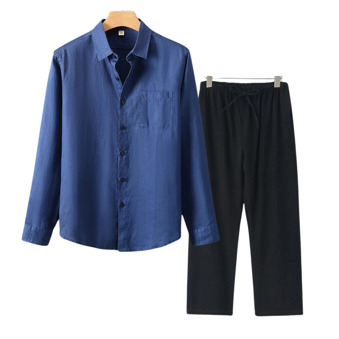Herren Leinenhemd und Leinenhose Set Sommer Zweiteiler Freizeitanzug aus Leinen