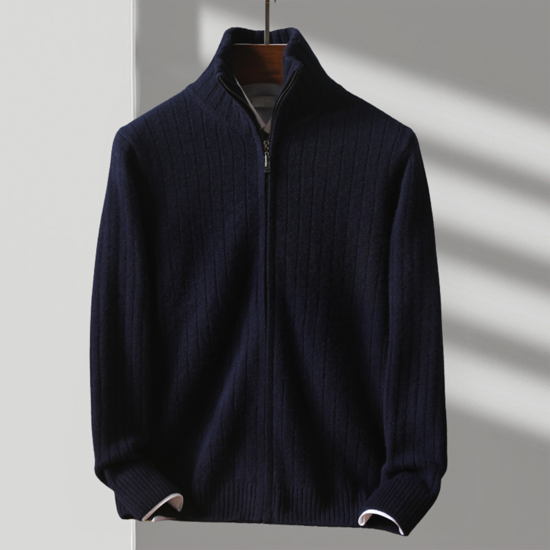 Herren Strickjacke Regular Fit Reißverschluss Wolle Rippstruktur Atmungsaktiv Modern Alltag Elegant