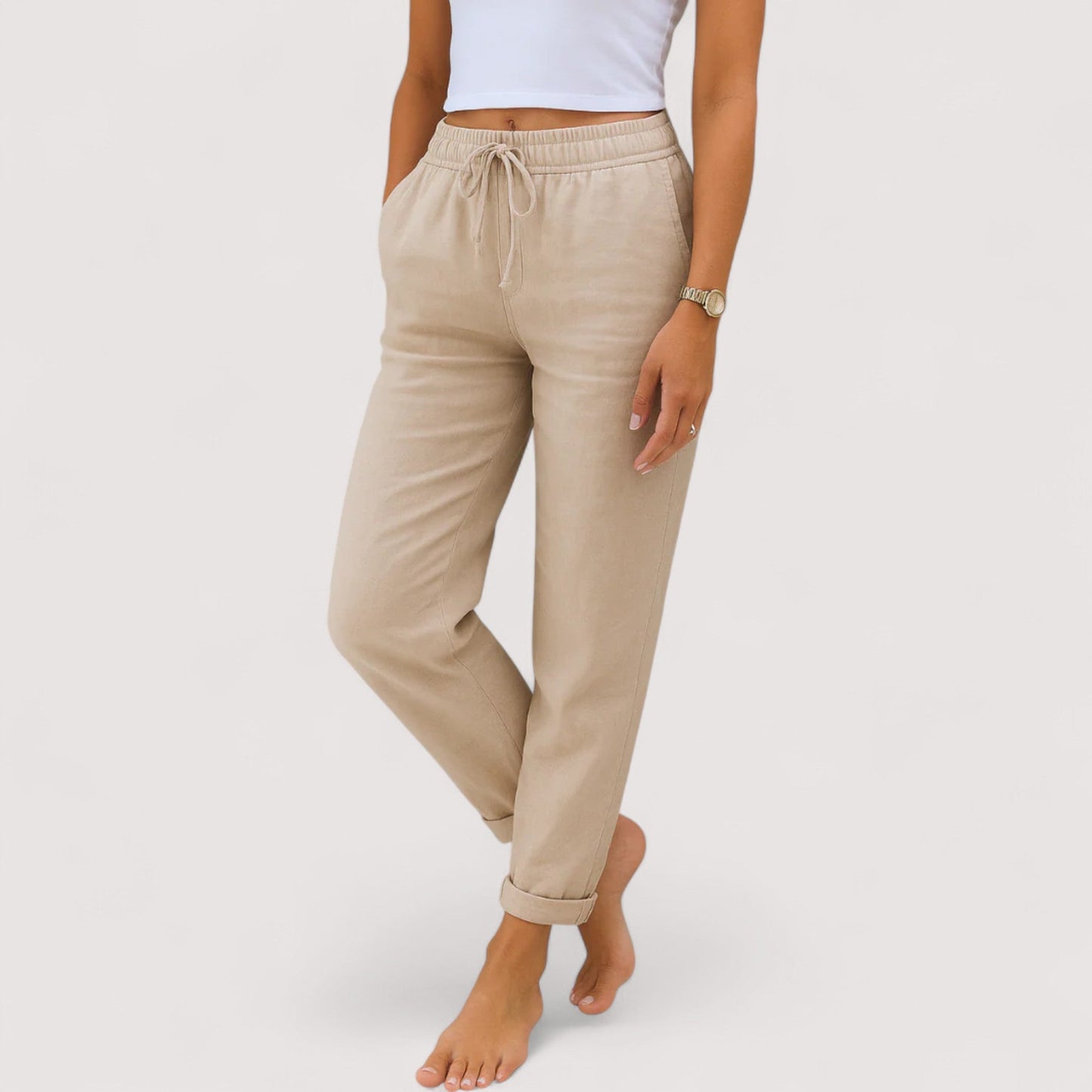 Damen Hose Regular Fit Weit Bein Leinen Baumwollmix Casual Elegant Alltag Leicht Komfort