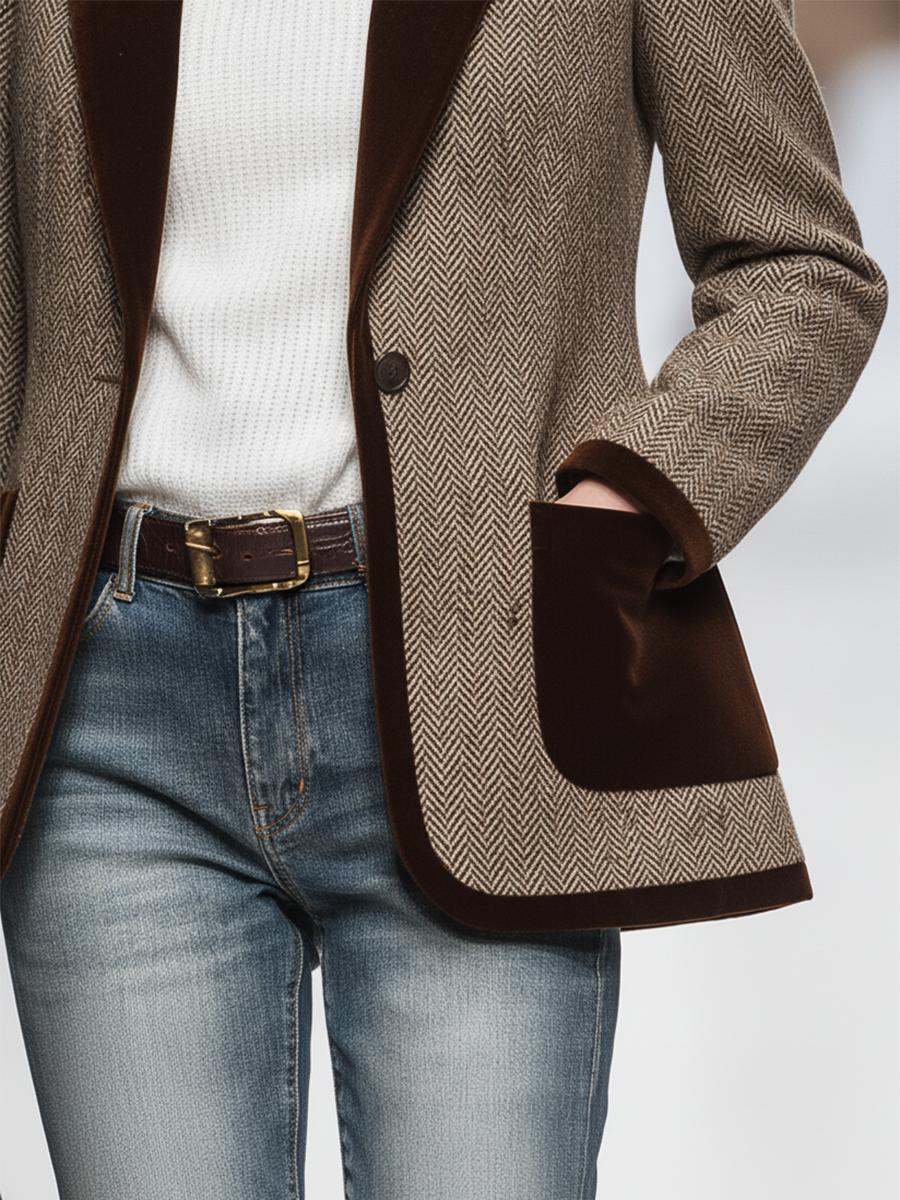 Herren Blazer Braun Fischgrät Ein-Knopf Regular Fit Elegant Langarm Revers