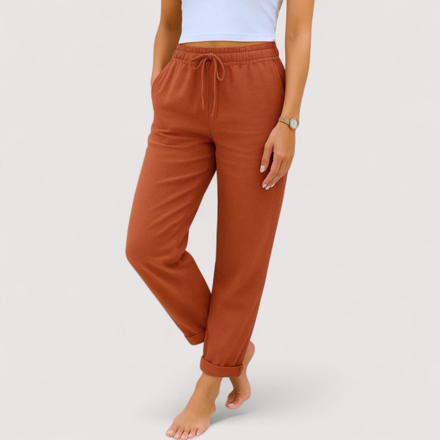 Damen Hose Regular Fit Weit Bein Leinen Baumwollmix Casual Elegant Alltag Leicht Komfort
